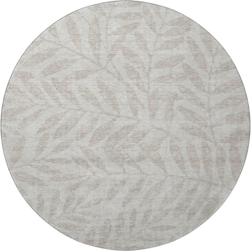 8' Taupe And Beige Floral Washable Round Rug With UV Protection