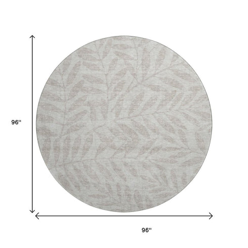8' Taupe And Beige Floral Washable Round Rug With UV Protection