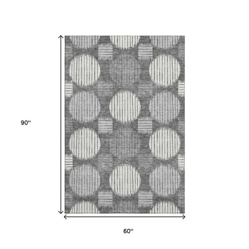 5' X 8' Charcoal And Ivory Geometric Washable Area Rug With UV Protection