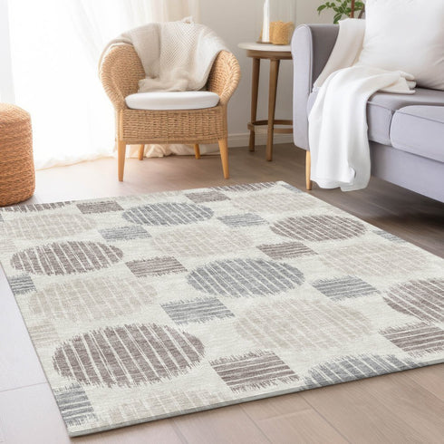 8' X 10' Ivory Beige And Gray Geometric Washable Area Rug With UV Protection