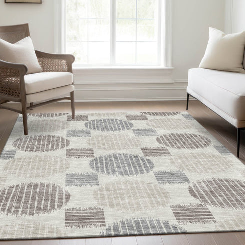 8' X 10' Ivory Beige And Gray Geometric Washable Area Rug With UV Protection