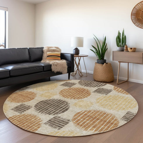 8' Tan Gold And Brown Geometric Washable Round Rug With UV Protection
