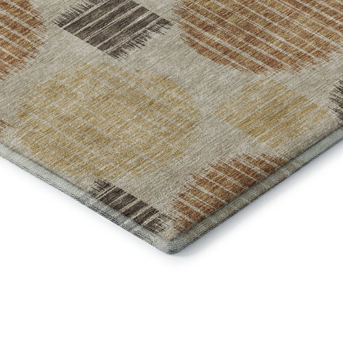 8' Tan Gold And Brown Geometric Washable Round Rug With UV Protection
