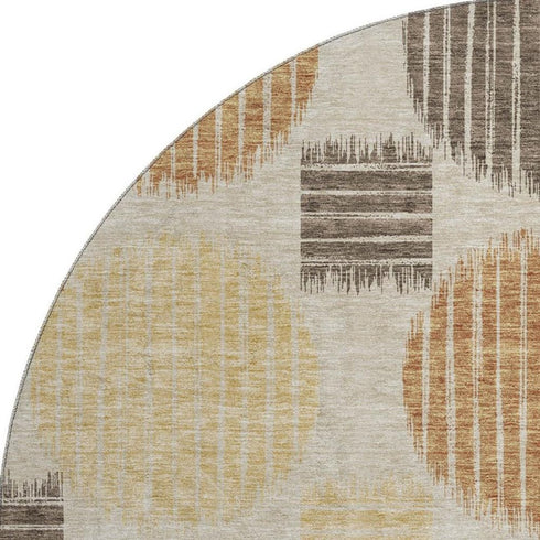 8' Tan Gold And Brown Geometric Washable Round Rug With UV Protection