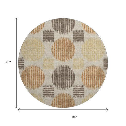 8' Tan Gold And Brown Geometric Washable Round Rug With UV Protection