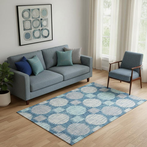 5' X 8' Teal Ivory And Gray Geometric Washable Area Rug With UV Protection