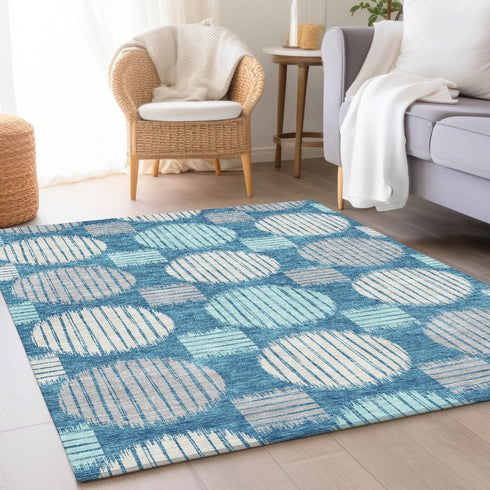 5' X 8' Teal Ivory And Gray Geometric Washable Area Rug With UV Protection