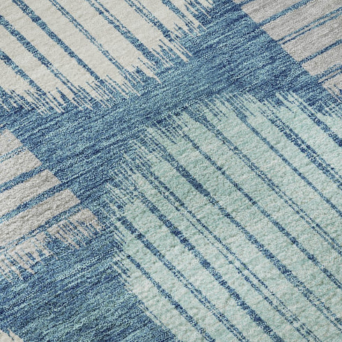 5' X 8' Teal Ivory And Gray Geometric Washable Area Rug With UV Protection