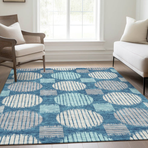 5' X 8' Teal Ivory And Gray Geometric Washable Area Rug With UV Protection