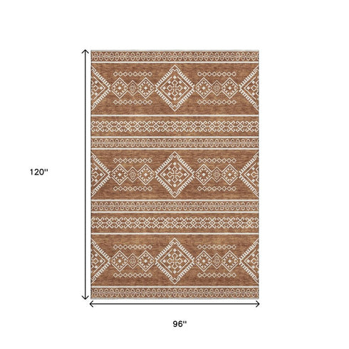 8' X 10' Rust And Ivory Southwestern Washable Area Rug With UV Protection