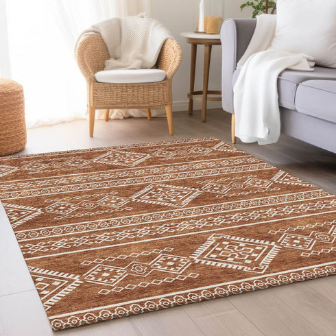 8' X 10' Rust And Ivory Southwestern Washable Area Rug With UV Protection