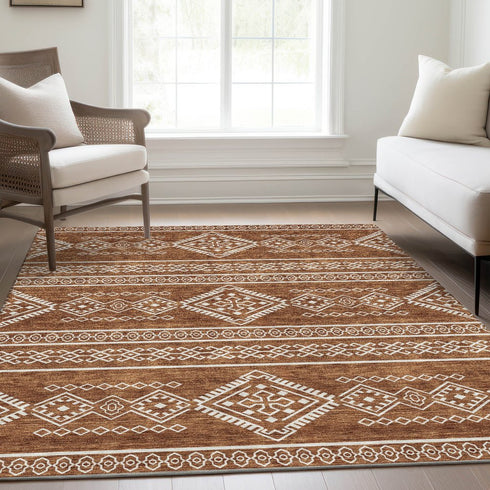 8' X 10' Rust And Ivory Southwestern Washable Area Rug With UV Protection