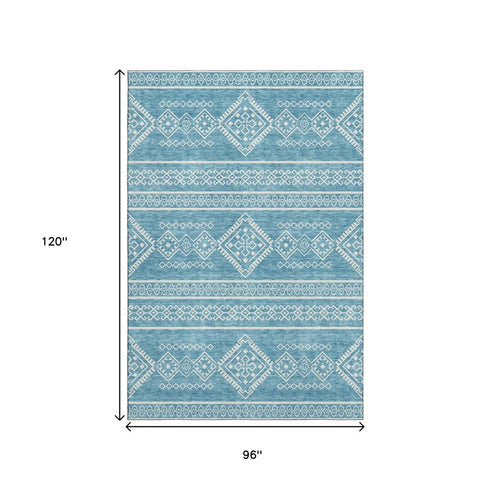 8' X 10' Teal And Ivory Southwestern Washable Area Rug With UV Protection