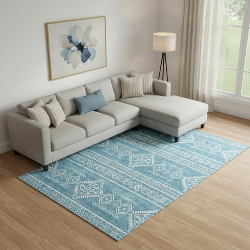 8' X 10' Teal And Ivory Southwestern Washable Area Rug With UV Protection