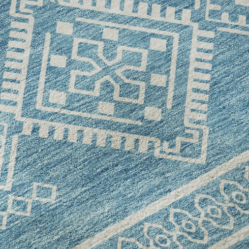 8' X 10' Teal And Ivory Southwestern Washable Area Rug With UV Protection