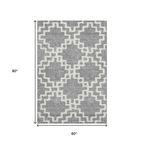 5' X 8' Gray And Ivory Abstract Geometric Washable Area Rug With UV Protection