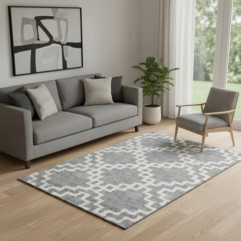 5' X 8' Gray And Ivory Abstract Geometric Washable Area Rug With UV Protection