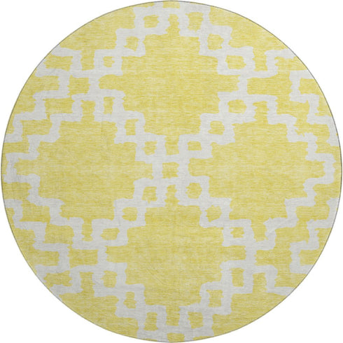 8' Yellow And Ivory Abstract Geometric Washable Round Rug With UV Protection