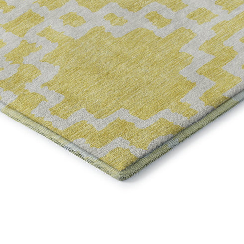 8' Yellow And Ivory Abstract Geometric Washable Round Rug With UV Protection