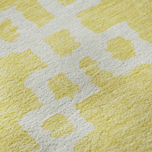 8' Yellow And Ivory Abstract Geometric Washable Round Rug With UV Protection