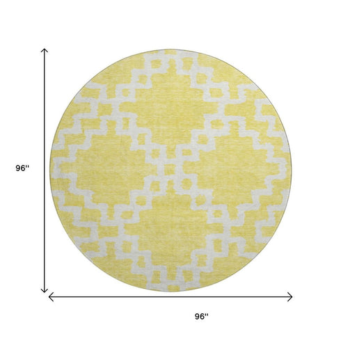 8' Yellow And Ivory Abstract Geometric Washable Round Rug With UV Protection