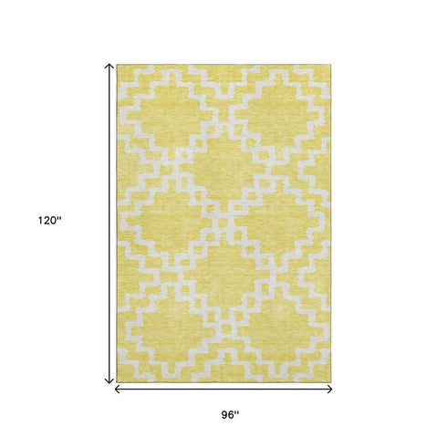 8' X 10' Yellow And Ivory Abstract Geometric Washable Area Rug With UV Protection