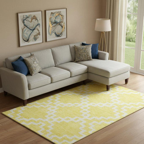 8' X 10' Yellow And Ivory Abstract Geometric Washable Area Rug With UV Protection