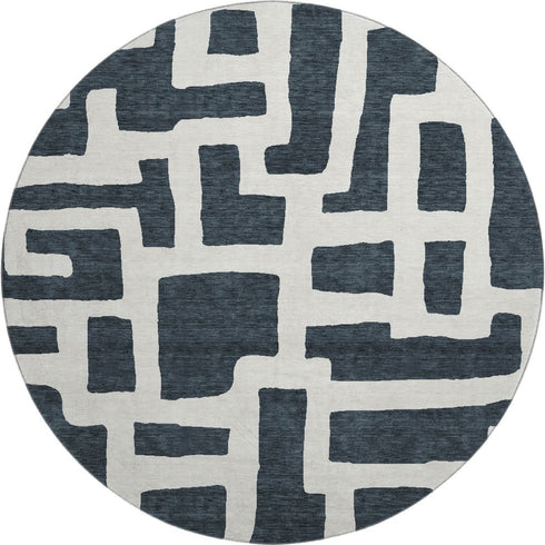 8' Black And Ivory Abstract Geometric Washable Round Rug With UV Protection