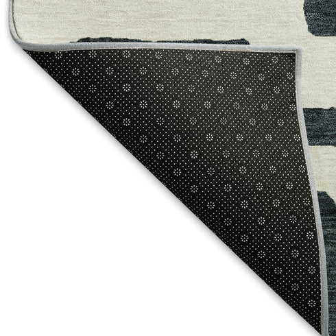 8' Black And Ivory Abstract Geometric Washable Round Rug With UV Protection