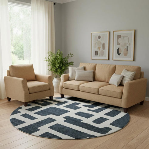 8' Black And Ivory Abstract Geometric Washable Round Rug With UV Protection