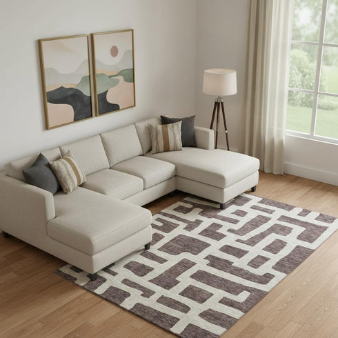 8' X 10' Chocolate And Beige Abstract Geometric Washable Area Rug With UV Protection