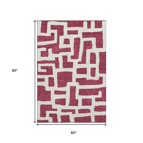 5' X 8' Burgundy And Ivory Abstract Geometric Washable Area Rug With UV Protection
