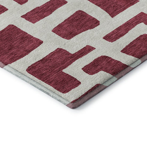 5' X 8' Burgundy And Ivory Abstract Geometric Washable Area Rug With UV Protection