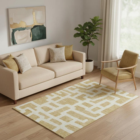 5' X 8' Gold And Ivory Abstract Geometric Washable Area Rug With UV Protection