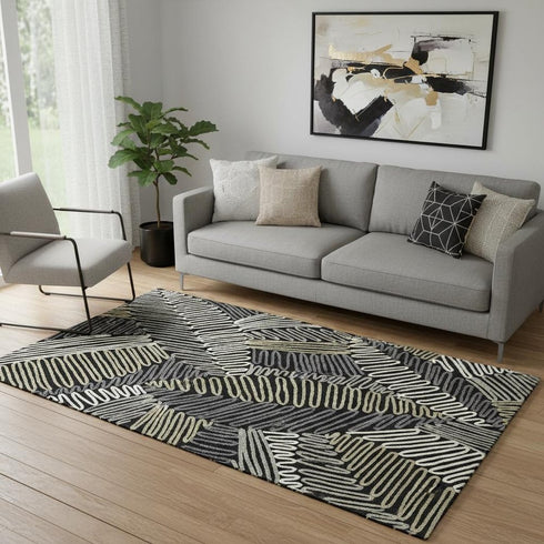 5' X 8' Black Ivory And Gray Floral Washable Area Rug With UV Protection