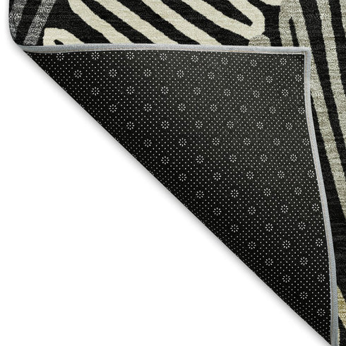 5' X 8' Black Ivory And Gray Floral Washable Area Rug With UV Protection