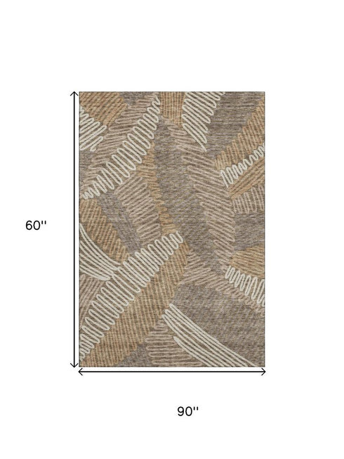 5' X 8' Brown And Beige Floral Washable Area Rug With UV Protection