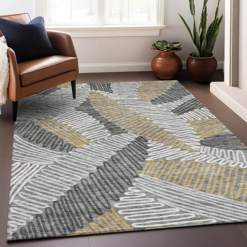 8' X 10' Gray Gold And Ivory Floral Washable Area Rug With UV Protection