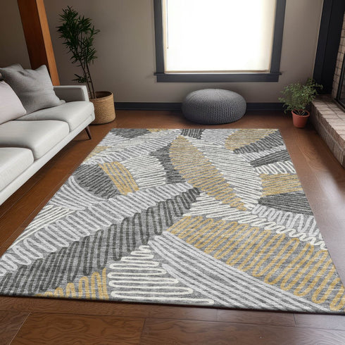 8' X 10' Gray Gold And Ivory Floral Washable Area Rug With UV Protection