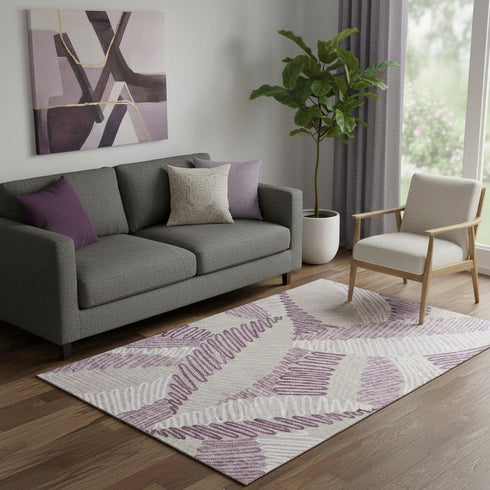 5' X 8' Lavender Ivory And Beige Floral Washable Area Rug With UV Protection
