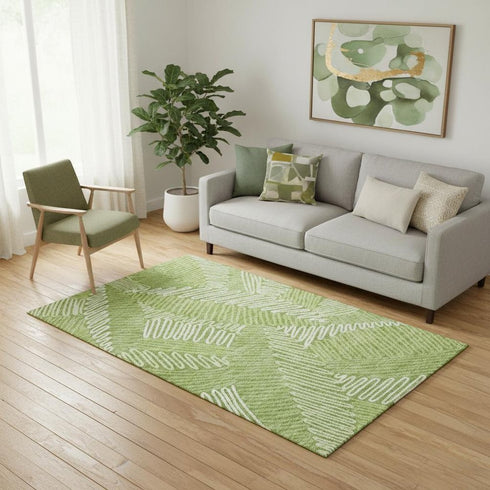 5' X 8' Lime Green And Ivory Floral Washable Area Rug With UV Protection