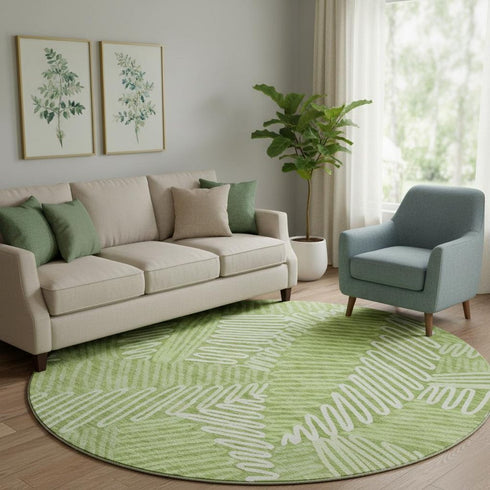 8' Lime Green And Ivory Floral Washable Round Rug With UV Protection