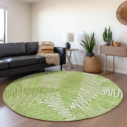 8' Lime Green And Ivory Floral Washable Round Rug With UV Protection