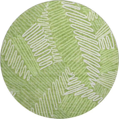 8' Lime Green And Ivory Floral Washable Round Rug With UV Protection