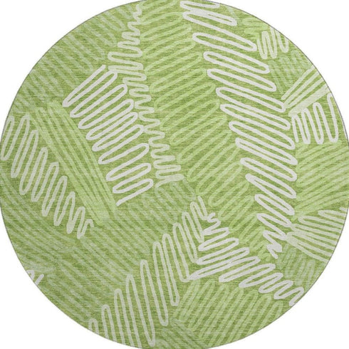 8' Lime Green And Ivory Floral Washable Round Rug With UV Protection
