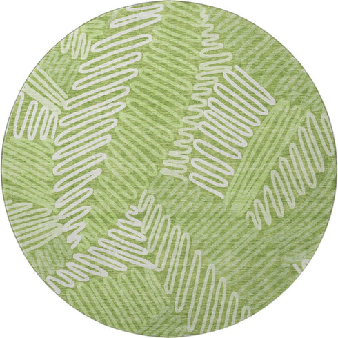 8' Lime Green And Ivory Floral Washable Round Rug With UV Protection