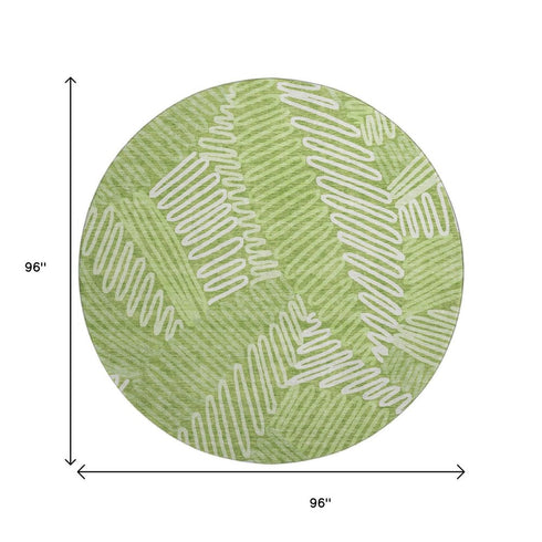 8' Lime Green And Ivory Floral Washable Round Rug With UV Protection