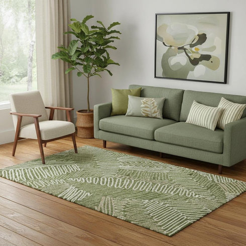 5' X 8' Olive Green Ivory And Beige Floral Washable Area Rug With UV Protection