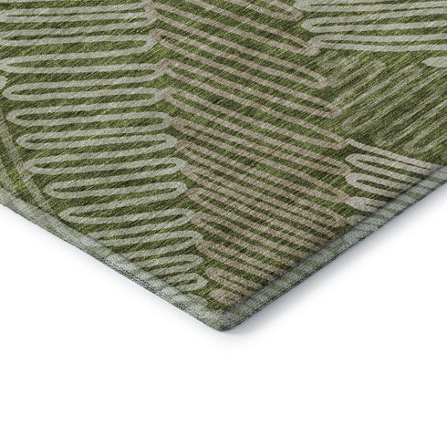 5' X 8' Olive Green Ivory And Beige Floral Washable Area Rug With UV Protection
