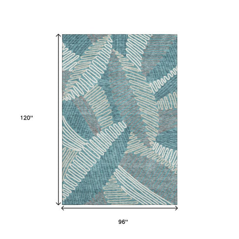 8' X 10' Teal Ivory And Gray Floral Washable Area Rug With UV Protection